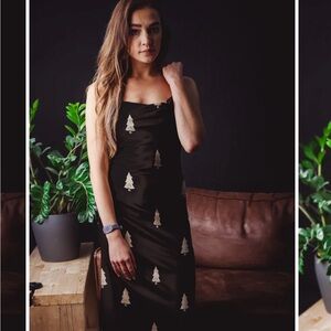 Black Silk Slip Maxi Dress with Pine Tree Pattern